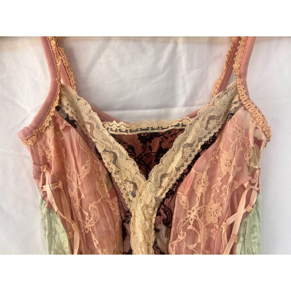 VTG Fairy Grunge Patchwork Lace Corset Cami Tank Top Pink Green Ribbon Floral XS - Picture 2 of 6